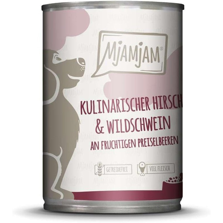 261944 - MJAMJAM ushqim i lagësht premium për qen - mish dreri i kuzhinës dhe derr i egër me boronica, pako me 6 copë (6 x 400 g), pa drithëra me mish shtesë