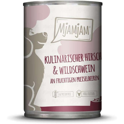 261944 - MJAMJAM ushqim i lagësht premium për qen - mish dreri i kuzhinës dhe derr i egër me boronica, pako me 6 copë (6 x 400 g), pa drithëra me mish shtesë
