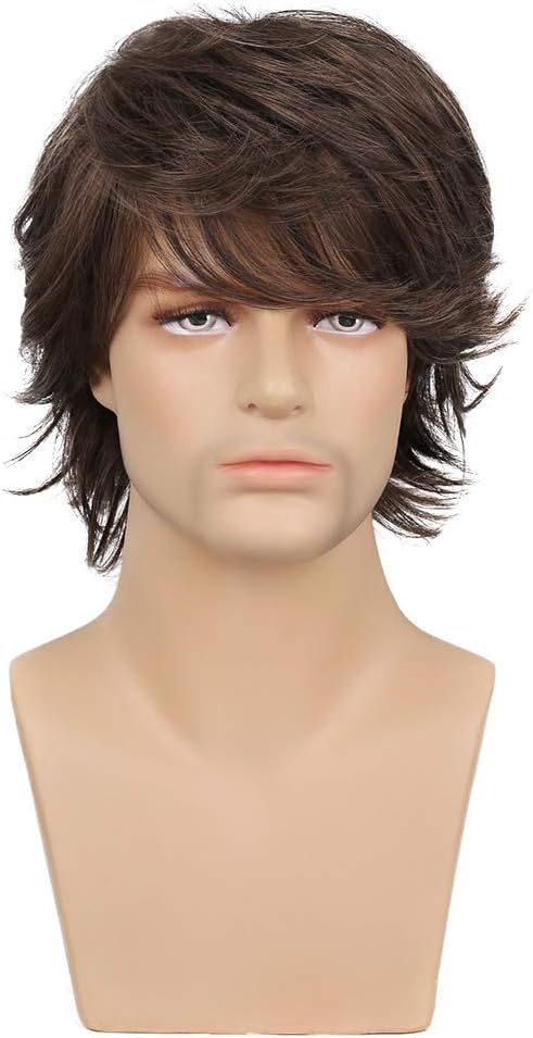 43616 - PARUKË PËR MESHKUJ, Kostum për Halloween dhe Cosplay të Përditshëm. Kafe me Shtresa të Shkurtra dhe Balluke, Material Sintetik me Valë Natyrale.
