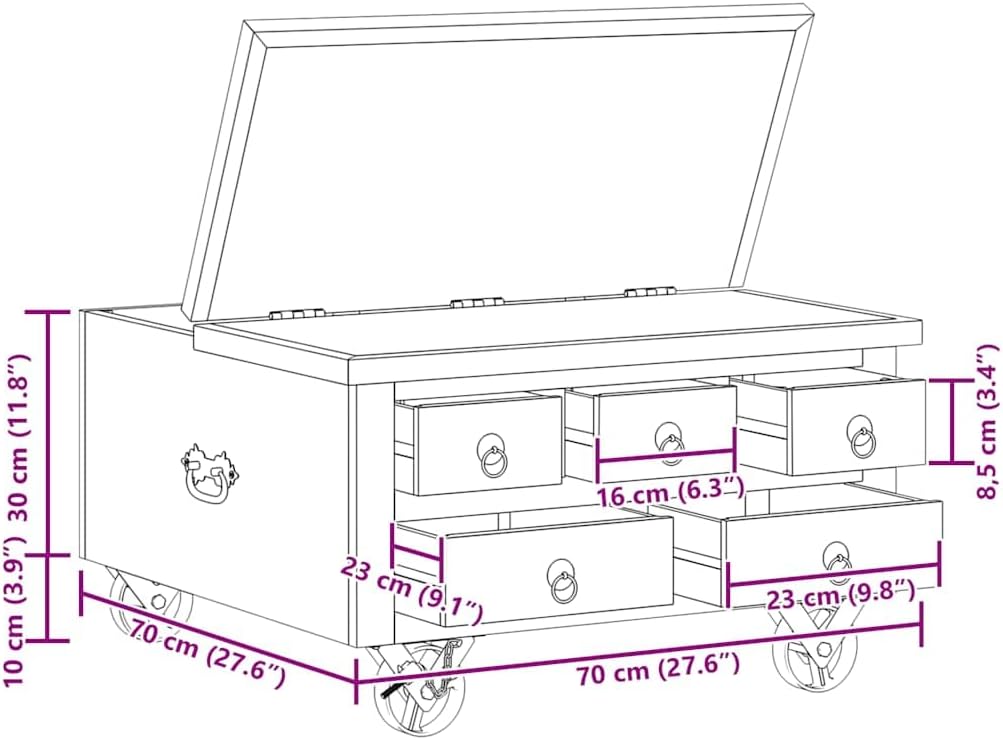 265608 - vidaXL Tavolinë Kafeje prej Druri Mango Masiv 70x70x40 cm me 5 Sirtarë dhe Rrota Hekuri – Stil Industrial