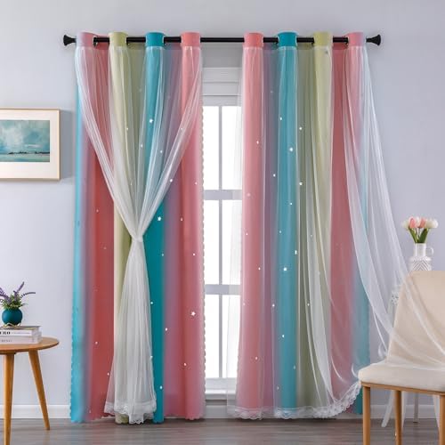 185773 - XIDI - Perde për Dhomë Gjumi për Fëmijë me Tyl Dekorativ dhe Model Ylli, Rozë/Verdhë/Blu, 132x213 CM (Gjerësi x Lartësi), Paketa prej 2 Copësh