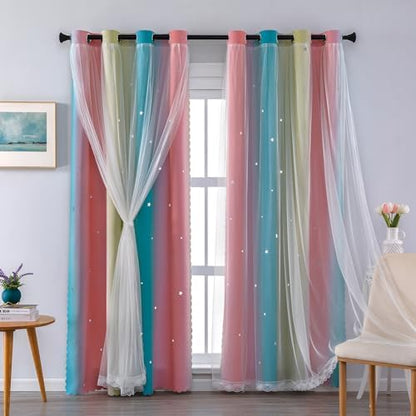 185773 - XIDI - Perde për Dhomë Gjumi për Fëmijë me Tyl Dekorativ dhe Model Ylli, Rozë/Verdhë/Blu, 132x213 CM (Gjerësi x Lartësi), Paketa prej 2 Copësh