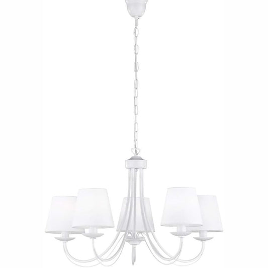 175110 - TRIO LIGHTING Llambadar Cortez, Metal i bardhë, Hije Pëlhure të bardhë, me 5 Llamba E14, Madhësi 66x66x150cm