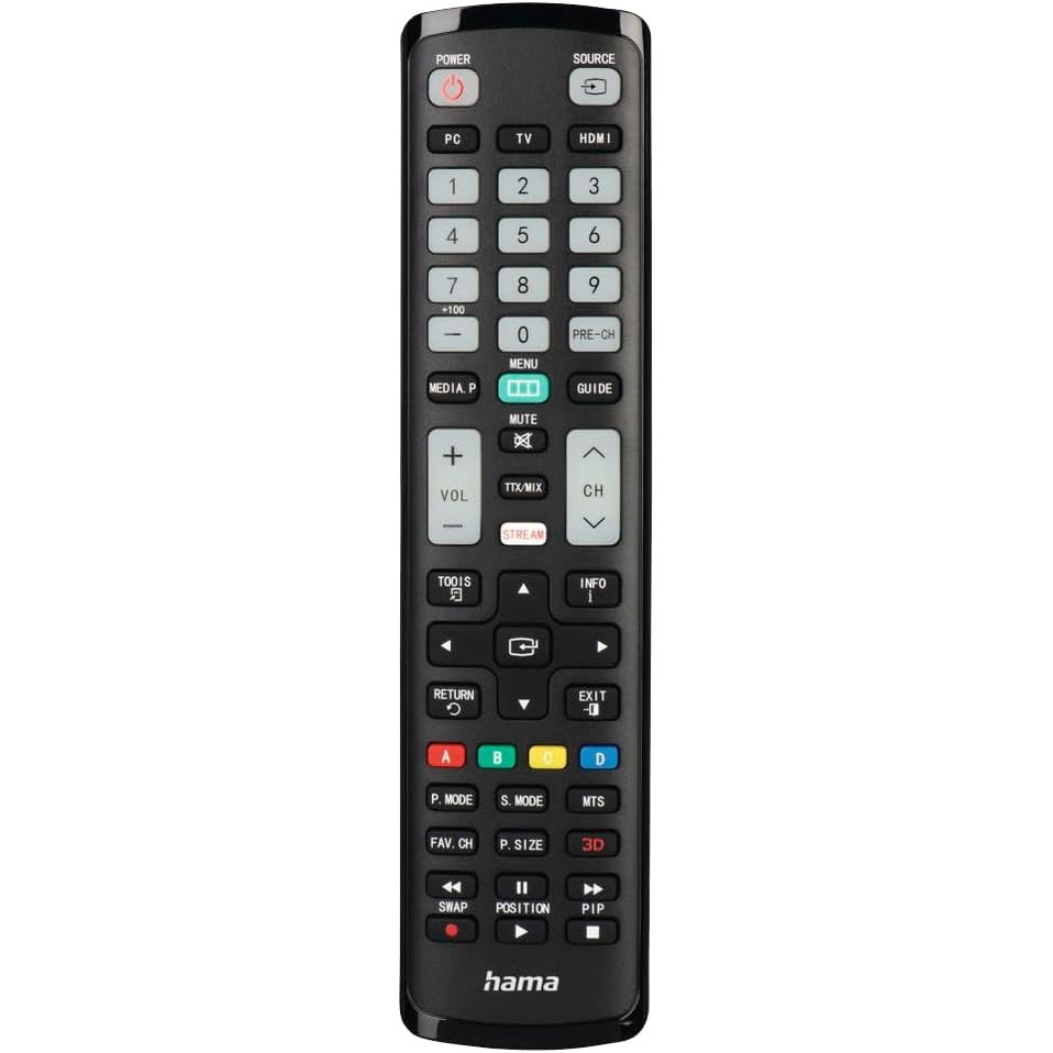 273885 - HAMA Telekomandë universale për televizorë Samsung (Infra të kuqe, Mësim, Butona të ndriçuar, Buton inteligjent, Funksion i modalitetit të lehtë, Butona kryesorë ergonomikë, Rreze veprimi 10 m) E zezë