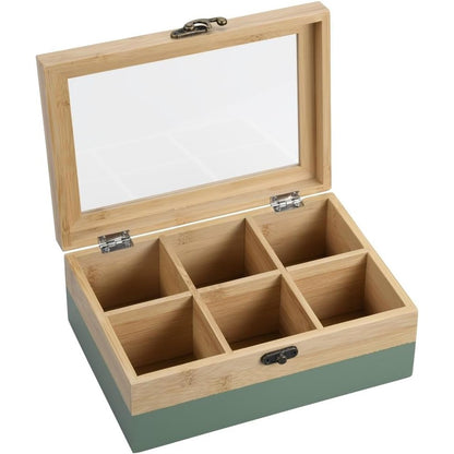 257614 - KESPER® KUTIA E ÇAJIT, Materiali: Bambu i çertifikuar FSC®, 6 ndarje, me dritare shikimi dhe kapëse retro, dimensionet: 21.5 x 15 x 8.5 cm, ngjyra: jeshile-natyrale, çaji nuk përfshihet