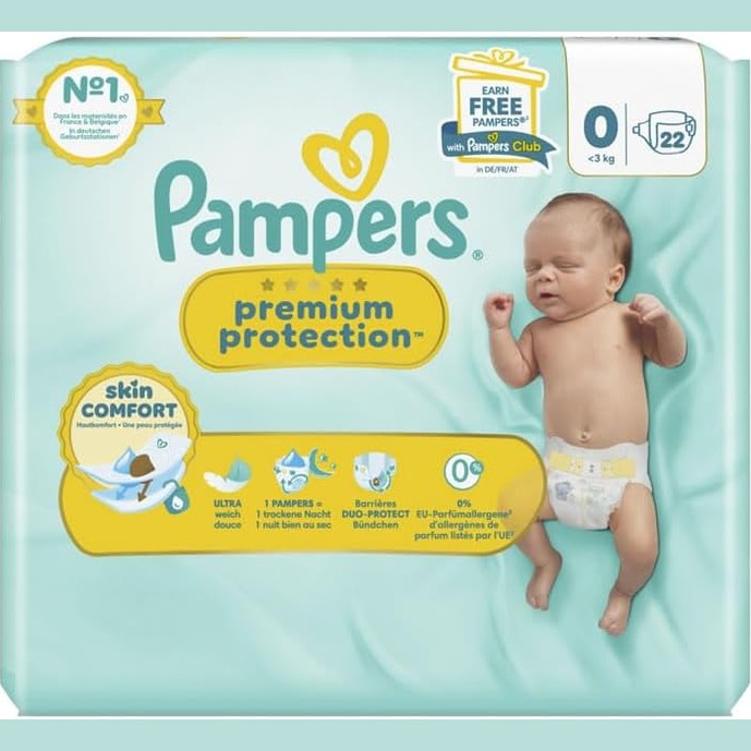 306967 - PAMPERS Premium Protection Madhësia 0, 22 pelena, për foshnje deri në 3 kg, Mbrojtje e dyfishtë për lëkurën