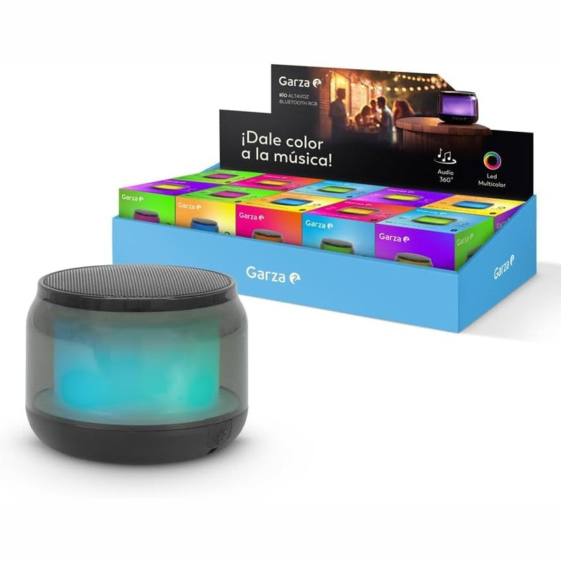 296282 - GARZA RIO: Altoparlant portativ me 15 modalitete drite LED, tingull 360°, 75dB, Bluetooth, thirrje pa duar, USB-C dhe Micro SD, dizajn kompakt i zi