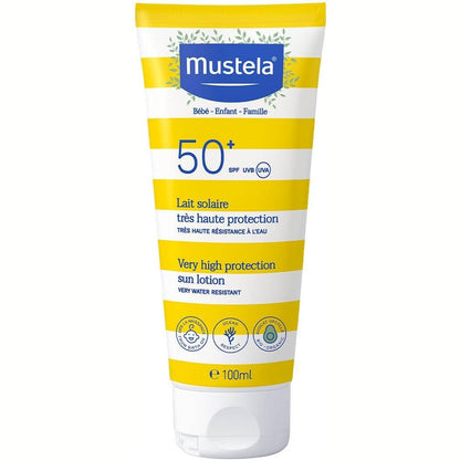 271627 - MUSTELA Locion mbrojtës nga dielli SPF 50+, për të gjithë familjen që nga lindja, Kujdes organik me avokado, Pa aromë, Rezistent ndaj ujit