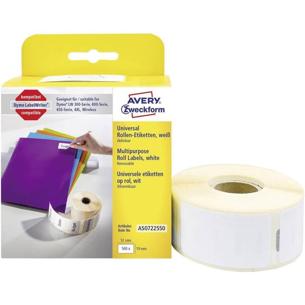 268756 - AVERY - Pako me 1 rrotull me 500 etiketa vetëngjitëse, Madhësia 19 x 51 mm, Ngjitës i lëvizshëm, (AS0722550)