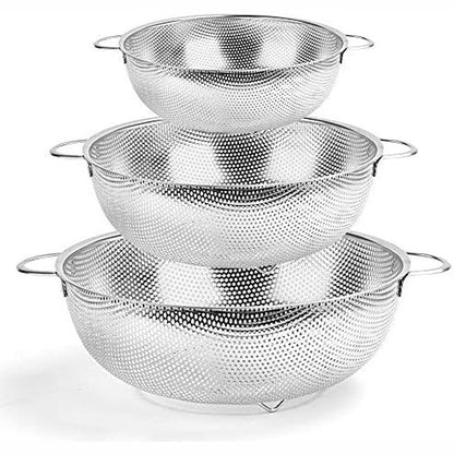 215422 - ZAWAER Kullesë Kuzhine, 3 copë çelik inox mikro-i shpuar me dorezë për makarona, fruta, oriz, perime, e sigurt për lavastovilje (20/23/29 cm)