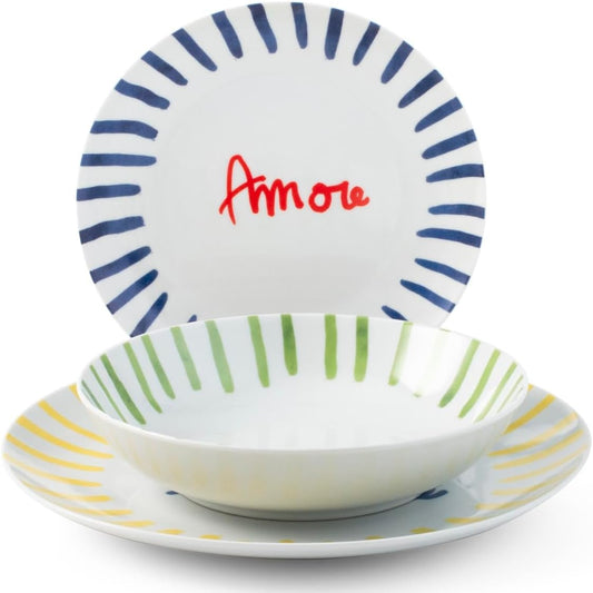 199123 - H&H - Komplet tavoline Casa Amor për 6 persona, 18 pjesë prej porcelani, me shkrim, i përshtatshëm për larje në makinë larëse enësh.