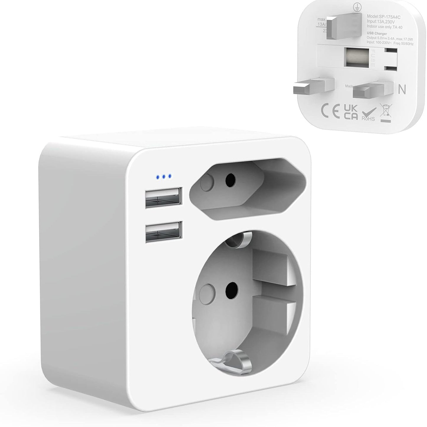 274413 - HOPPAC Adaptues, anglisht në frëngjisht, dy porta USB 2.4A, nga Franca në Mbretërinë e Bashkuar, priza evropiane dhe Schuko, Tipi G