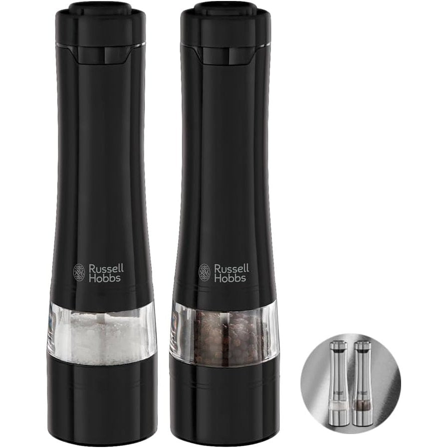 250972 - RUSSELL HOBBS Mulli Elektrik për Kripë dhe Piper, Set prej 2 copësh, i Zi, Mekanizëm bluarës qeramik, bluarje e rregullueshme, ndriçim LED, Model 28010-56