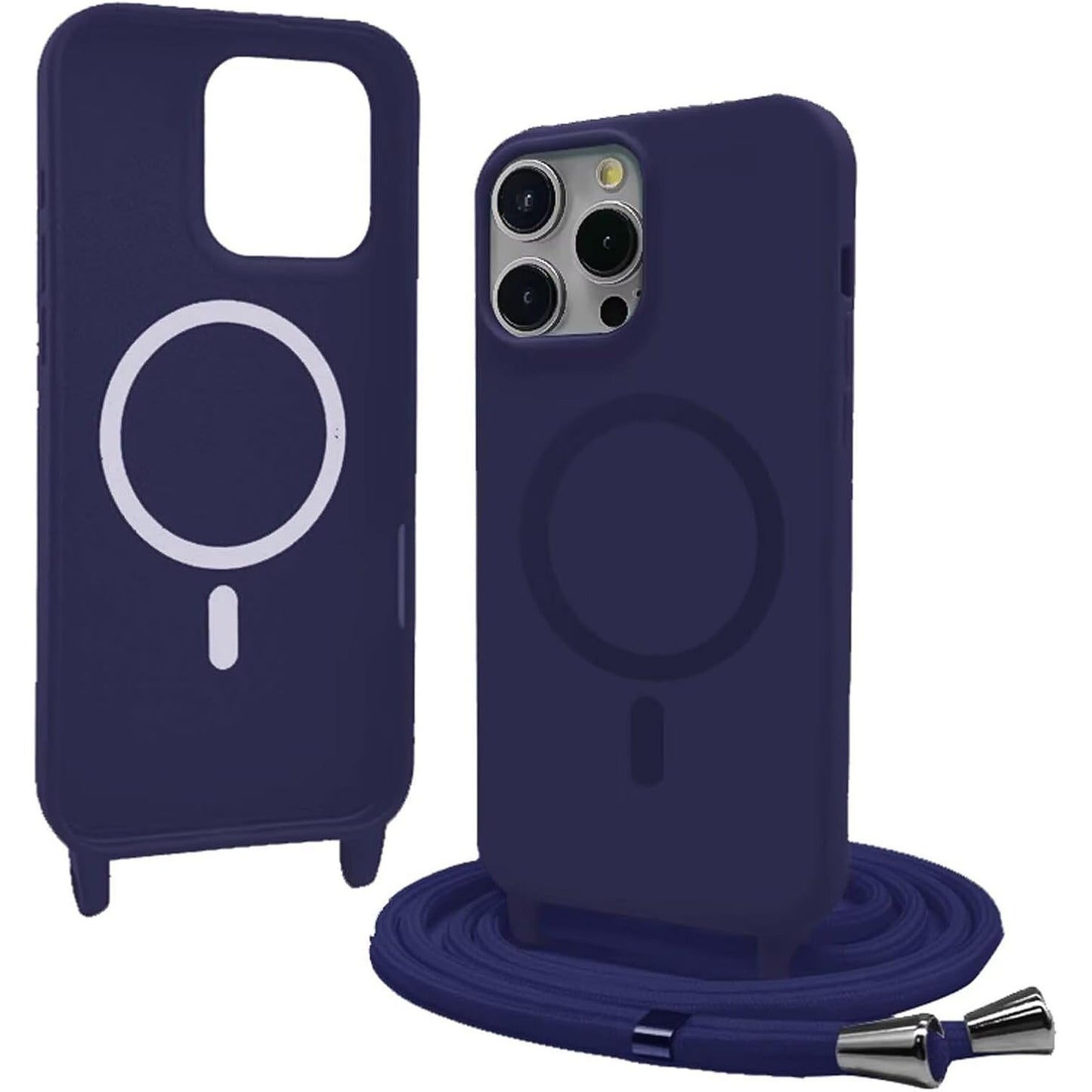 277112 - BIGCOUSIN Gjerdan Telefoni për iPhone 16 Pro Max, Mbështjellës me Rrip, Kompatibël Magnetikisht me MagSafe, Mbështjellës Telefoni prej Gjerdani Silikoni me Rrip të Rregullueshëm dhe të Lëvizshëm, Blu