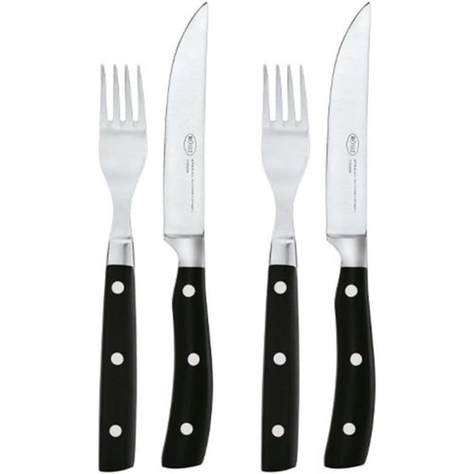 163550 - RÖSLE - Set takëmesh për biftek me 4 pjesë, thika dhe pirun me tehe të mprehta prej çeliku special, në kuti druri