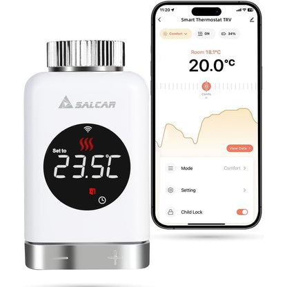 163419 - SALCAR Valvula e Radiatorit Inteligjentë, Termostat WIFI TRV801W, Kokë Termostatike e Programueshme, E pajtueshme me Amazon Alexa dhe Google Assistant, Termostat Inteligjent Tuya