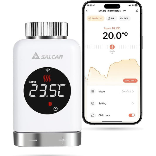 163419 - SALCAR Valvula e Radiatorit Inteligjentë, Termostat WIFI TRV801W, Kokë Termostatike e Programueshme, E pajtueshme me Amazon Alexa dhe Google Assistant, Termostat Inteligjent Tuya