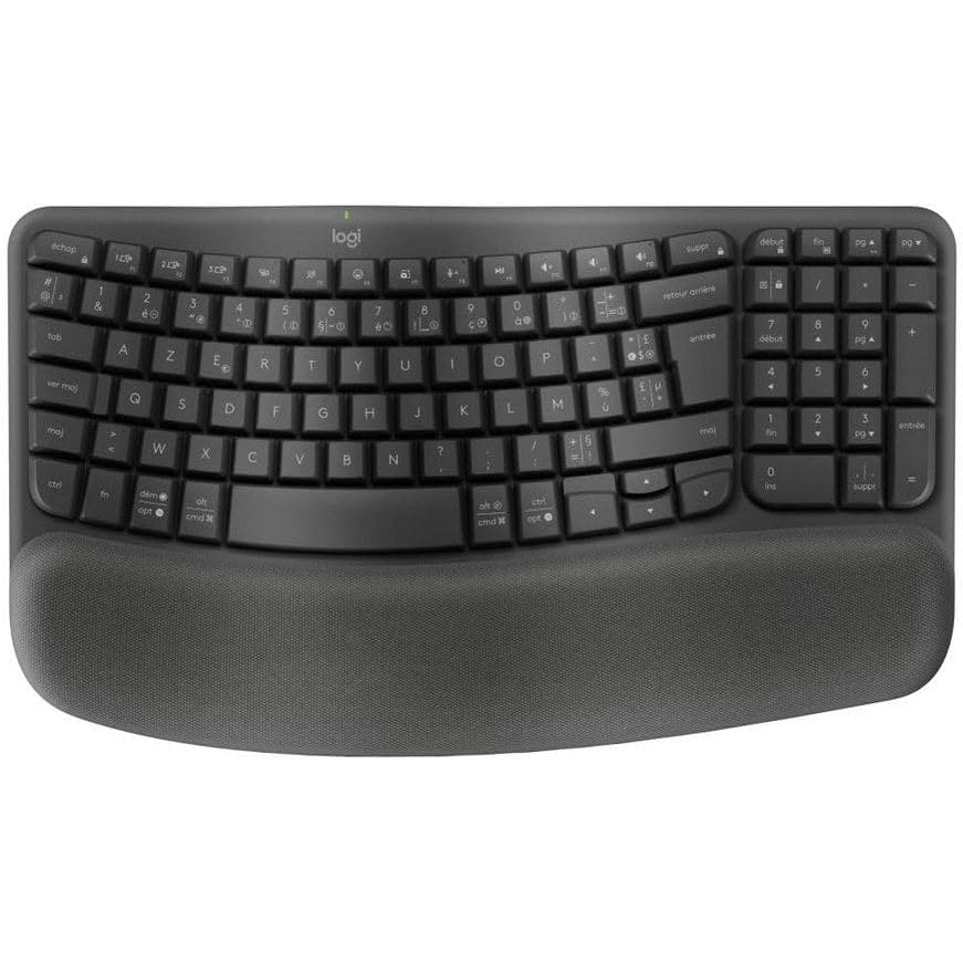 319513 - LOGITECH WAVE KEYS, Tastierë Ergonomike Pa Tel, Mbështetëse Kyçesh me Mbushje, Shkrim Natyral i Rehatshëm, Ndërrim i Lehtë, Bluetooth, Marrës Logi Bolt, Shumë-OS, Windows/Mac, Grafit Francez AZERTY