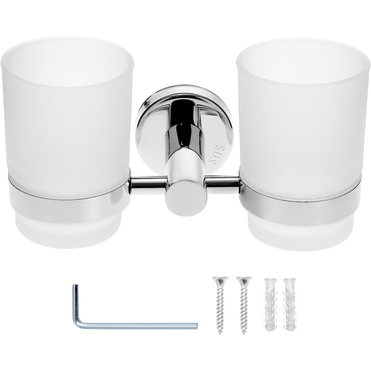 294335 - QWORK® Mbajtëse furçe dhëmbësh e montuar në mur, çelik inox 304, 2 gota për shpëlarje goje