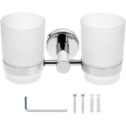 294335 - QWORK® Mbajtëse furçe dhëmbësh e montuar në mur, çelik inox 304, 2 gota për shpëlarje goje