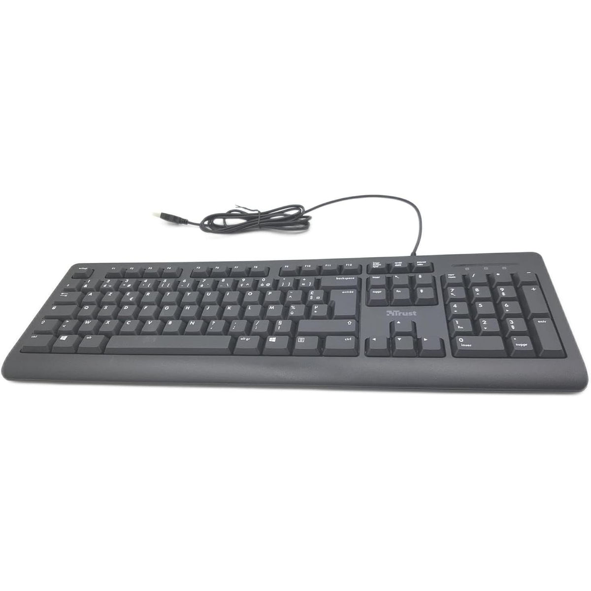 296224 - TASTIERË ME TEL TRUST TARO, AZERTY FRENCH, REZISTENTE NDAJ DERDHJEVE, KABLO USB 1.8 M, TASTE TË SHESHTA, E ZEZË