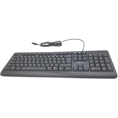 296224 - TASTIERË ME TEL TRUST TARO, AZERTY FRENCH, REZISTENTE NDAJ DERDHJEVE, KABLO USB 1.8 M, TASTE TË SHESHTA, E ZEZË