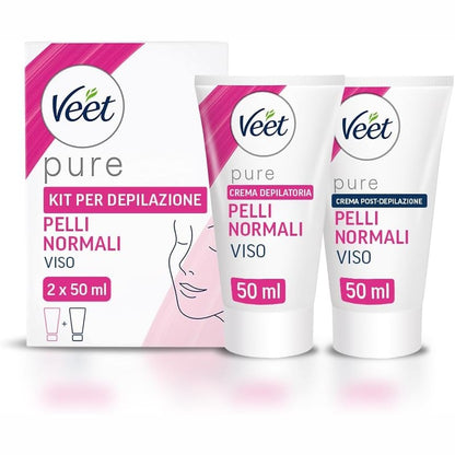 275916 - VEET Kit për heqjen e qimeve të fytyrës dhe mustaqeve - Krem depilues për lëkurë normale, 50 ml + Krem pas depilimit, 50 ml, Testuar dermatologjikisht