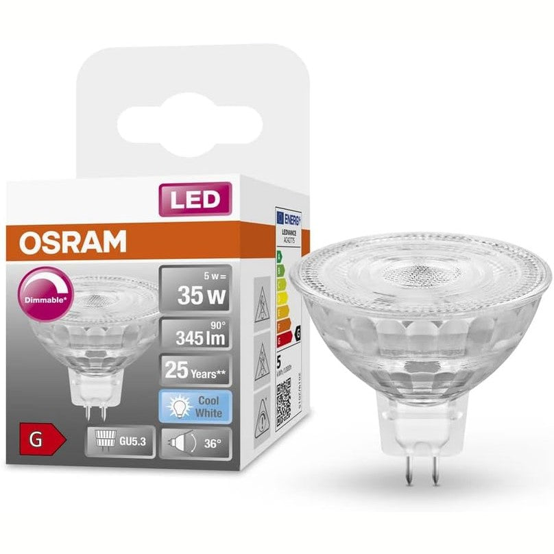 186568 - OSRAM - Llambë Reflektuese Superstar GU5.3, Xham Transparent, E Bardhë e Ftohtë (4000K), 345 Lumen, Zëvendësim për Llambat 35W, me Errësim, 1 Pako