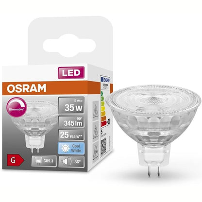 186568 - OSRAM - Llambë Reflektuese Superstar GU5.3, Xham Transparent, E Bardhë e Ftohtë (4000K), 345 Lumen, Zëvendësim për Llambat 35W, me Errësim, 1 Pako