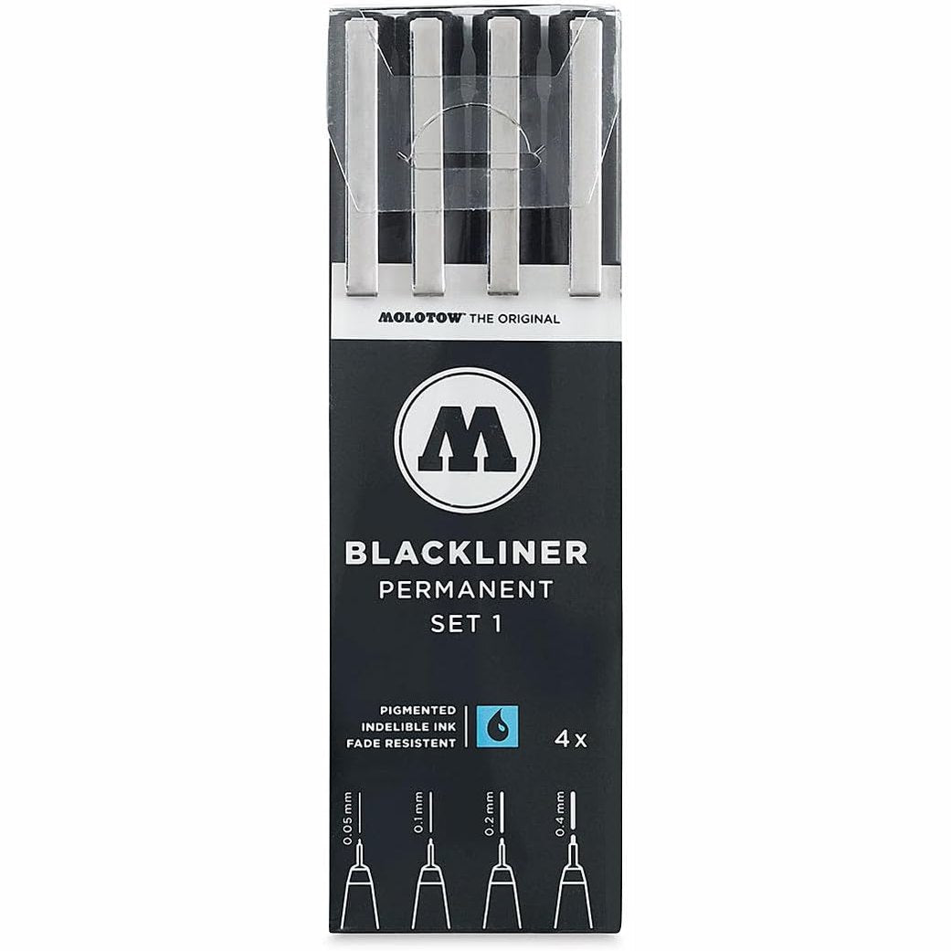 274050 - Molotow Set me 4 stilolapsa Blackliner me majë të hollë, bojë të përhershme dhe të pashlyeshme, gjerësi vije 0.05 deri në 0.4 mm, i zi