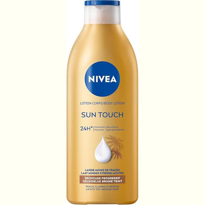 321714 - NIVEA Locion trupi Sun Touch - Nxirje e njëtrajtshme - Locion hidratues - Vaj ginkgo biloba dhe fara rrushi - Nxirje pa diell - 400 ml