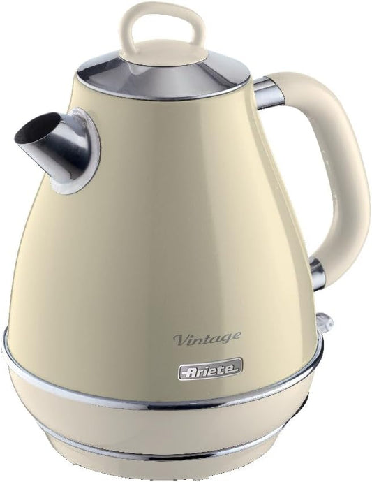 245302 - Ariete Çajnik Vintage 2869, Çajnik elektrik retro 1.7 L, çelik inox, 2000 W, ngjyrë bezhë, bazë 360° pa tel, mbyllje automatike, infuzues çaji