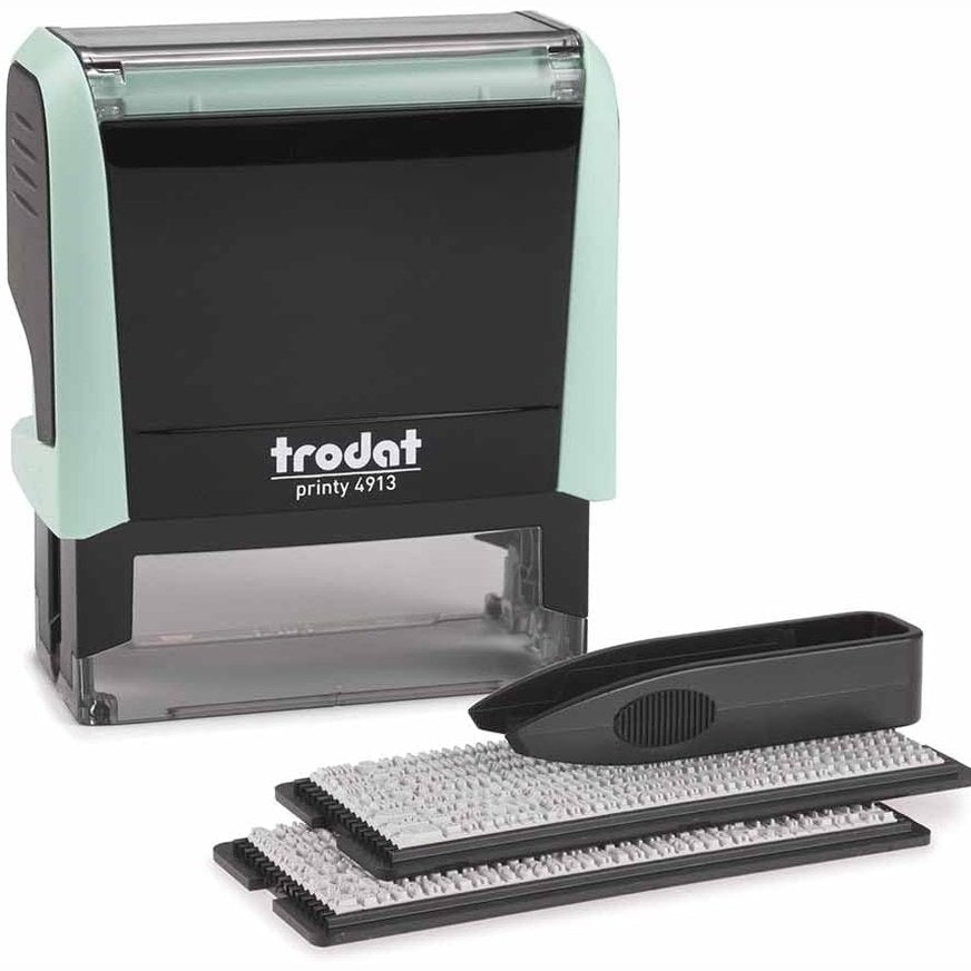 266623 - TRODAT Set pullash Printy 4913, ngjyrë jeshile pastel, vetë-shtypje me bojë, 5 rreshta teksti, shtyp 58x22 mm, gjermanisht, përfshirë piskatore, bllok boje të zezë dhe set shkronjash dhe numrash në dy madhësi