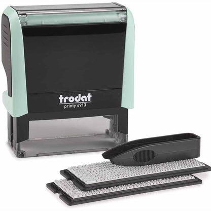 266623 - TRODAT Set pullash Printy 4913, ngjyrë jeshile pastel, vetë-shtypje me bojë, 5 rreshta teksti, shtyp 58x22 mm, gjermanisht, përfshirë piskatore, bllok boje të zezë dhe set shkronjash dhe numrash në dy madhësi