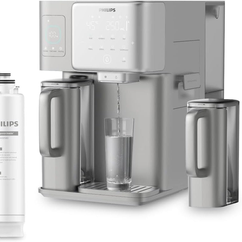 183001 - PHILIPS Stacion Uji me Osmozë të Kundërt, Ujë i Nxehtë dhe i Ftohtë, Makinë Akulli të Integruar, Teknologji UV-C, Rimineralizim, Monitor TDS, Kapaciteti i Rezervuarit 6L, Jetëgjatësia e Filtrit 1 Vit