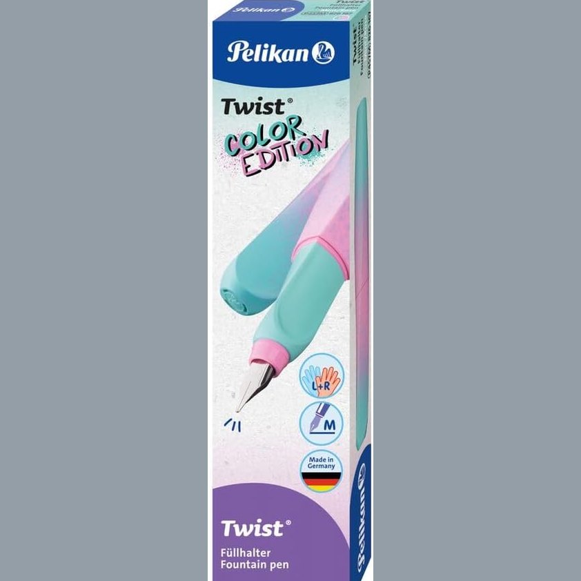 269103 - PELIKAN Stilograf Twist Color Edition, majë çeliku inox me gjerësi vije mesatare, përfshirë fishekun e bojës, ngjyrë mente/rozë