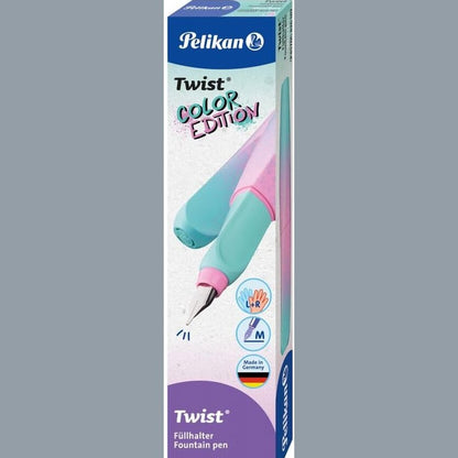 269103 - PELIKAN Stilograf Twist Color Edition, majë çeliku inox me gjerësi vije mesatare, përfshirë fishekun e bojës, ngjyrë mente/rozë