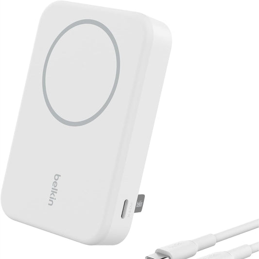 319420 - BELKIN KARIKUES PA TEL BOOSTCHARGE PRO 10000mAh ME QI2, KARIKUES PORTATIV I PAJTUESHËM ME MAGSAFE ME MBËSHTETËSE TË INTEGRUAR, PËR IPHONE 17, IPHONE AIR, IPHONE 16, 15, 14, PIXELSNAP, ETJ. – I BARDHË