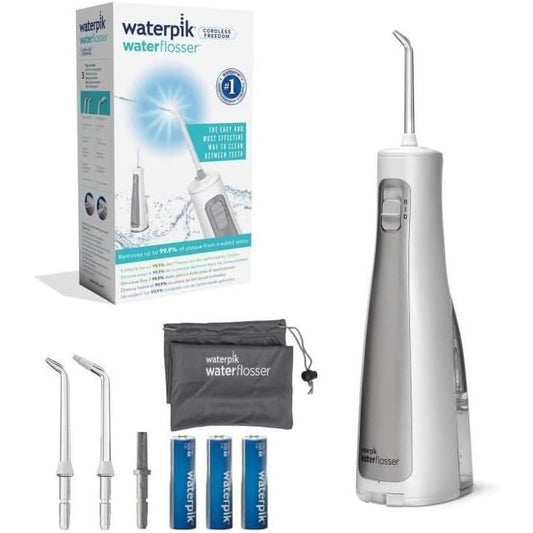 275035 - WATERPIK Fshesë uji Cordless Freedom, e papërshkueshme nga uji, funksionon me bateri, ideale për udhëtime, 3 gryka, e bardhë (WF-03EU010)