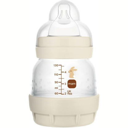 318641 - MAM - Shishe Easy Start Anti-Kolik 0 Muaj me Rrjedhje Ekstra të Ngadaltë (130 ml) me Rërë, Shishe për të Reduktuar Kolikat dhe Shqetësimet tek Foshnjat, Shishe për Fëmijë e Përshtatshme për Ushqyerjen me Gji
