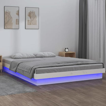 141716 - Kornizë Krevati vidaXL pa Dyshek 120 × 200 cm me LED, Dru Masiv, e Bardhë