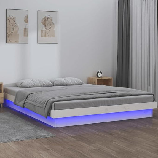141716 - Kornizë Krevati vidaXL pa Dyshek 120 × 200 cm me LED, Dru Masiv, e Bardhë