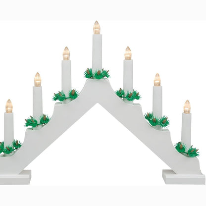 228372 - IDENA - Mbajtëse qirinjsh LED për Adventin, 7 qirinj LED të bardhë të ngrohtë, Hark druri i llakuar me ngjyrë të bardhë, me llambë rezervë dhe çelës