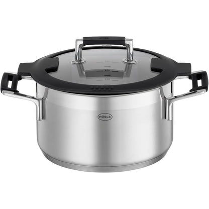 250192 - RÖSLE SILENCE PRO Tigan, Tigan universal me cilësi të lartë i bërë nga çelik inox 18/10, 20 cm, kapak qelqi, i pajtueshëm me induksion, i sigurt për lavastovilje, ngjyrë argjendi