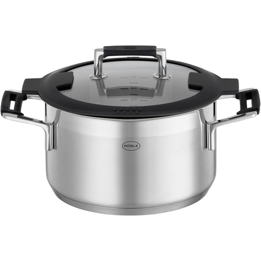 250192 - RÖSLE SILENCE PRO Tigan, Tigan universal me cilësi të lartë i bërë nga çelik inox 18/10, 20 cm, kapak qelqi, i pajtueshëm me induksion, i sigurt për lavastovilje, ngjyrë argjendi