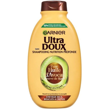 304042 - GARNIER Ultra Doux Shampo për flokë të thatë, kaçurrela deri të çrregullta, Me vaj avokadoje dhe gjalpë shea, 400 ml.