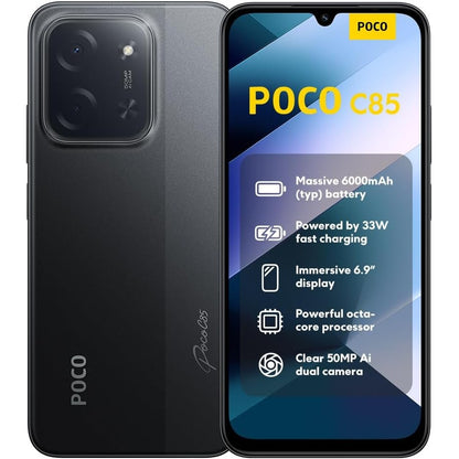 272675 - XIAOMI POCO C85 Smartphone, ekran 6.9" 120Hz, dizajn 7.99mm, MediaTek Helio G81 kamerë dyfishe , 6000mAh, e zezë, karikuesi nuk përfshihet.
