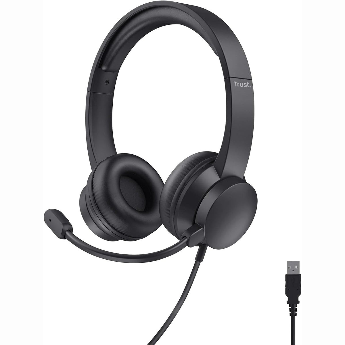 296057 - TRUST Kufje USB On-Ear me mikrofon, kufje të lehta me tela 1.80 m, shirit koke i rregullueshëm, për PC, Laptop, Mac, Office, Skype, Teams, Zoom - të zeza
