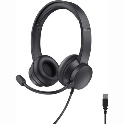 296057 - TRUST Kufje USB On-Ear me mikrofon, kufje të lehta me tela 1.80 m, shirit koke i rregullueshëm, për PC, Laptop, Mac, Office, Skype, Teams, Zoom - të zeza