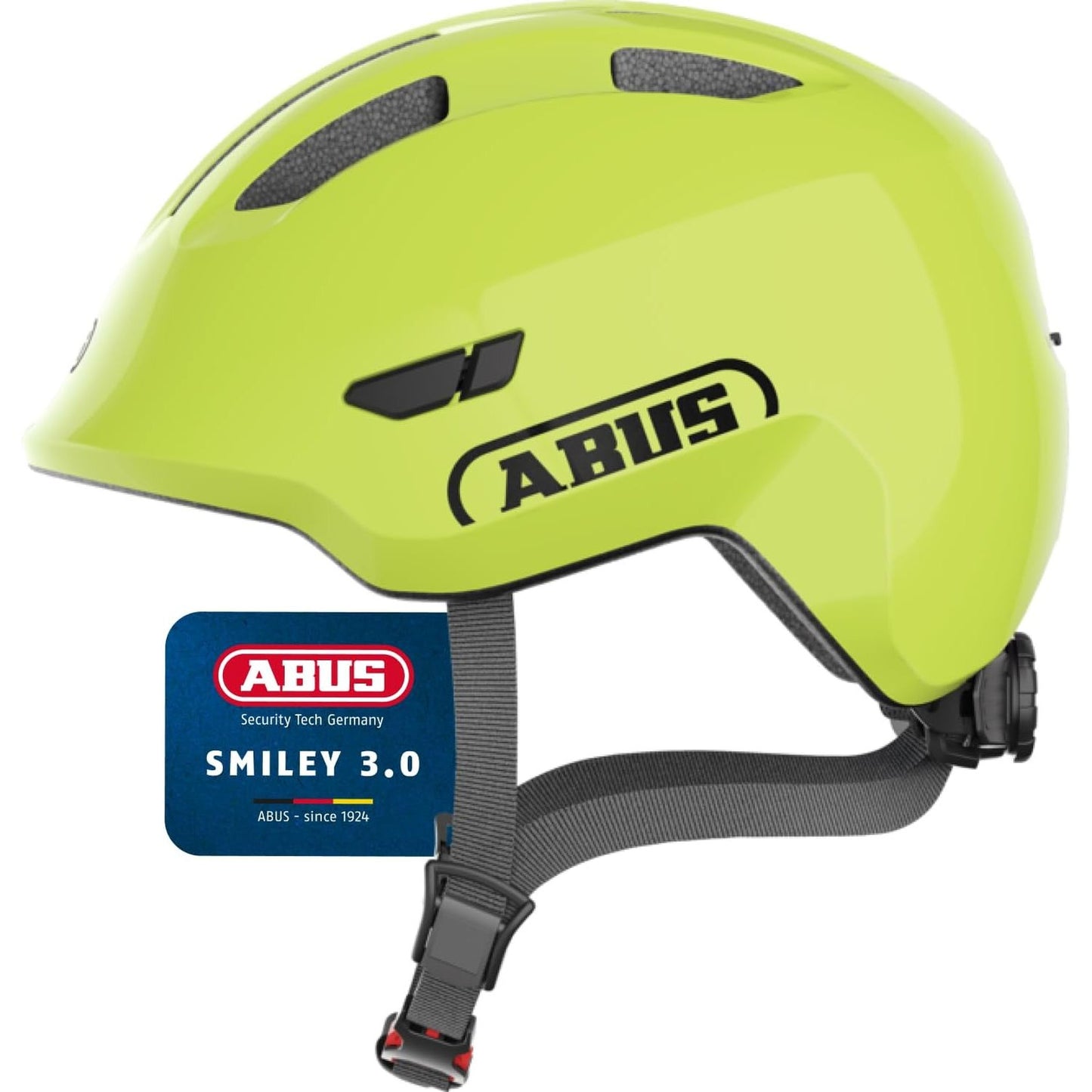 293122 - ABUS Helmetë për fëmijë Smiley 3.0, Madhësia S, E verdhë me shkëlqim, dizajne miqësore për fëmijë, prerje të ulët, hapësirë për t’u kapur bisht kali